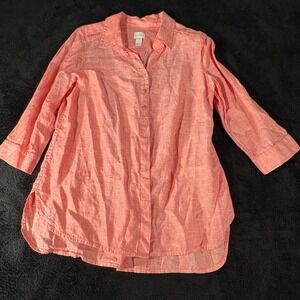 Chicos Women's Size 1 Linen Top Salmon Coral 3/4 Sleeve Button‎ Down Tunic